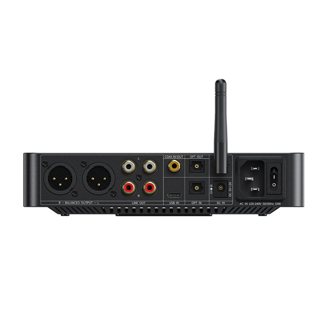FiiO BR15 R2R מכשיר אודיו שולחני בצבע שחור - מבט על חלק אחורי כניסות ויציאות אודיו. על רקע לבן.