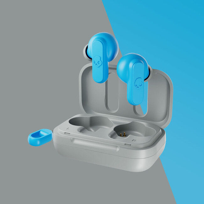 SKULLCANDY DIME - True Wireless Bluethooth Earbud Headphone, LightGrey/Blue. אוזניות סקאלקנדי אלחוטיות בתוך האוזן, מוגן מים, צבע אפור בהיר/תכלת
