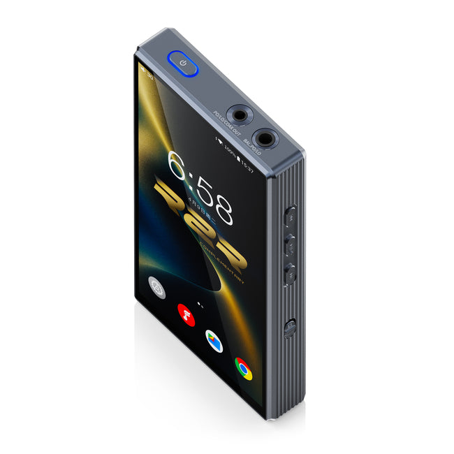 FiiO M33 R2R DAP צבע שחור מונח אנכי מסובב מבט חלק עליון וצד ימין
